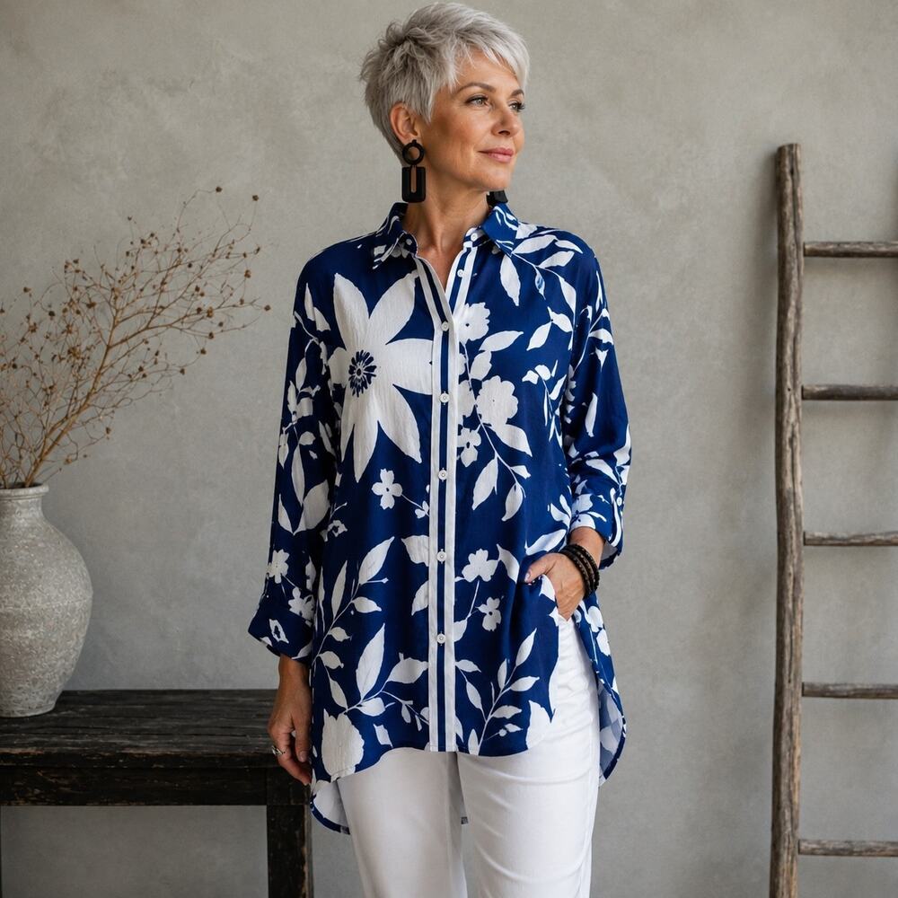 Gretchen Scott Blue White Floral Long Sleeve Button Down Large